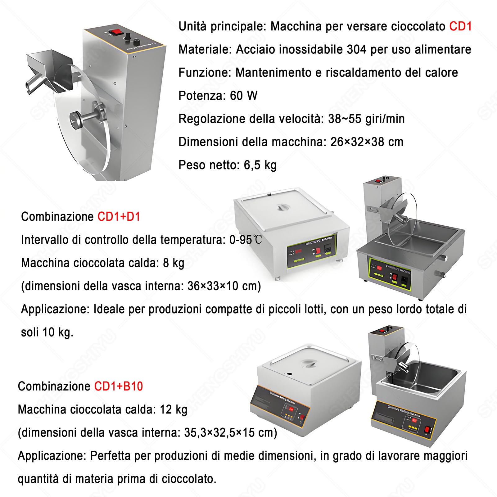 Macchina Cioccolata Calda per Il Colaggio/La Mescolatura degli Ingredienti di Cioccolato,Regolazione della velocità,Mantenimento del Calore e Distribuzione Uniforme CD1+B10