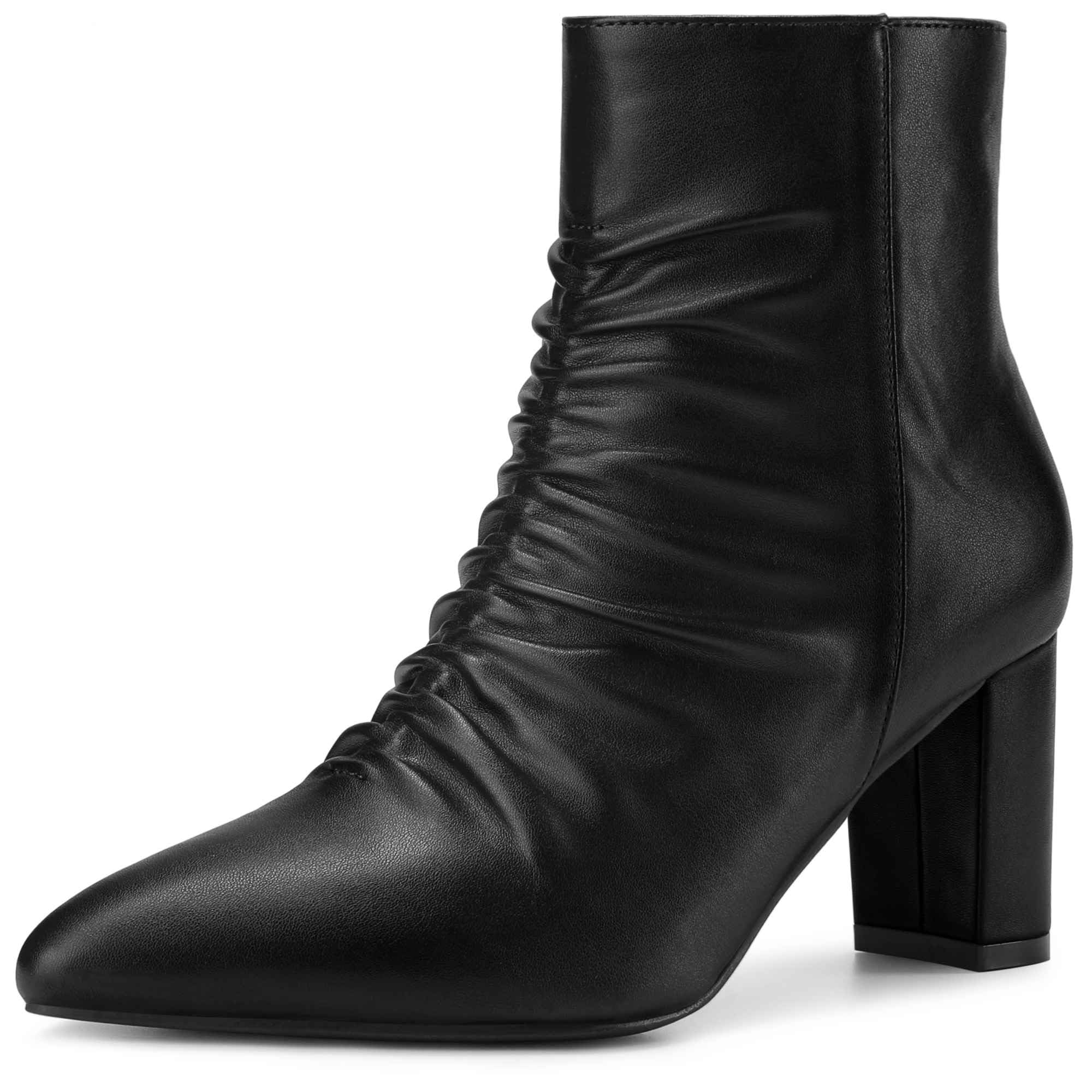 Perphy Ruched Dress Boots Pointed Toe Chunky Heels Ankle Boots for Women