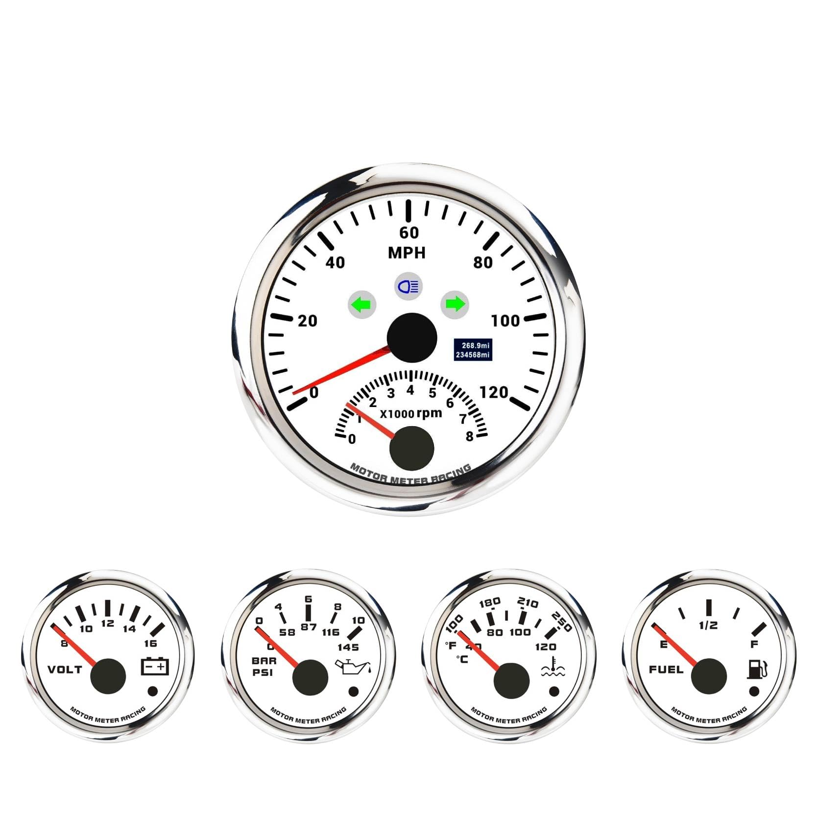 MOTOR METER RACING W PRO Series 5 Gauge Set - 85mm 3-3/8" 2 in 1 GPS Speedometer & Tachometer 52mm 2-1/16" Volt, Fuel Level, Water Temperature & Oil
