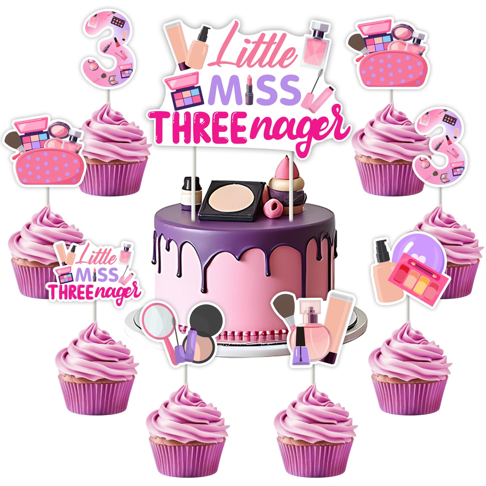 Funmemoir Little Miss Threenager Birthday Decorations, Makeup 3rd Birthday Party Decor - 1 Cake Topper & 24PCS Cake Toppers for Spa Cosmetic Beauty Cake Decorations for Girls