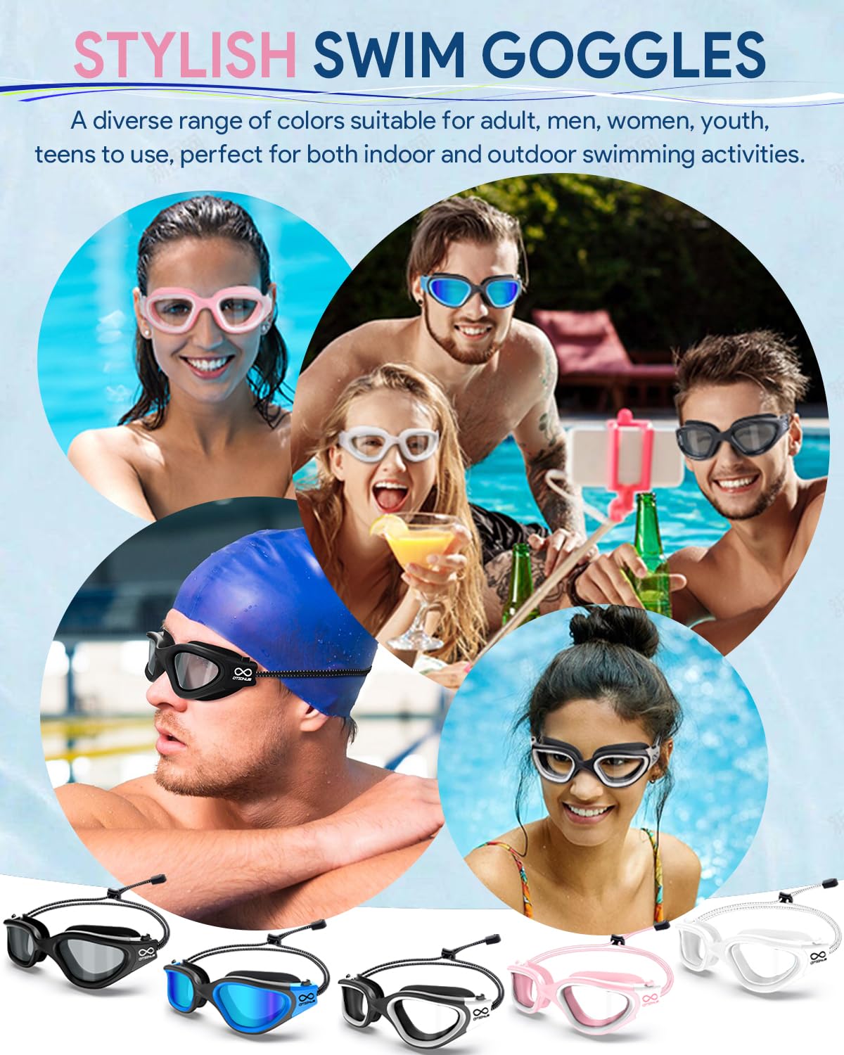 Occhialini da nuoto per adulti, uomini, donne, giovani, con cinghia elastica, senza tirare, anti appannamento, senza perdite, occhialini da piscina