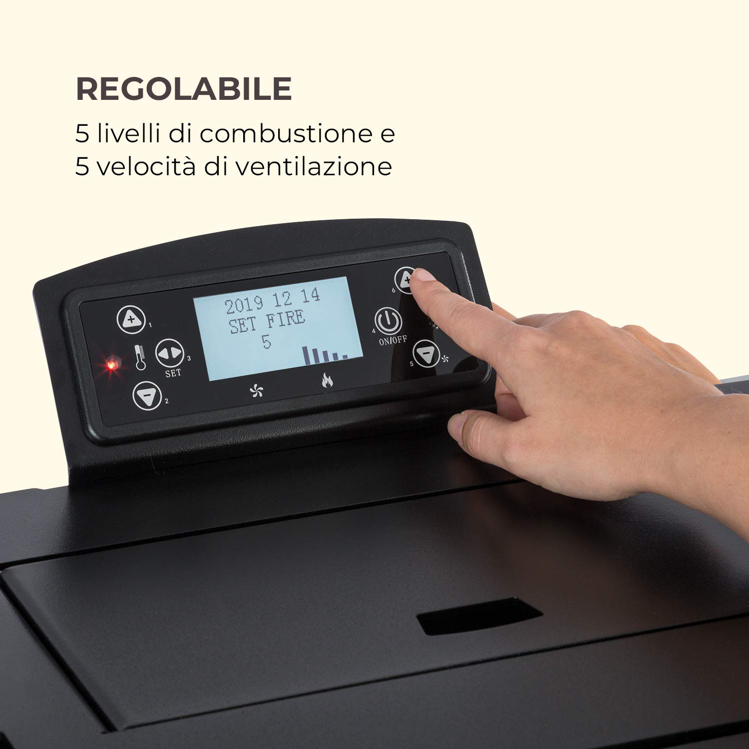 Waldbeck Energiewende - Stufa a Pellet, 5/10 kW, 5 Livelli di Potenza/5 Velocità, Timer, Capacità: 18kg, Consumo: 0,6-2,0 kg/h, per 60-250 m³, Stufe a Pelet, Pannello di Controllo con Display, Nero