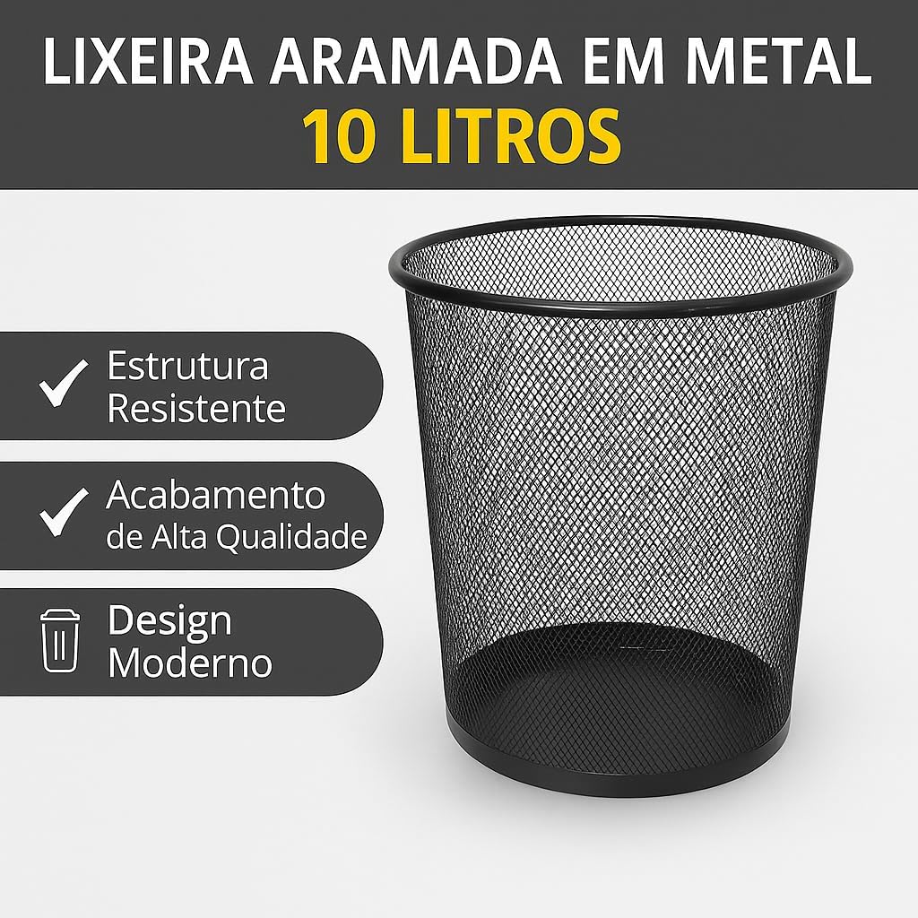 Lixeira de Metal 10L Aramado Telado e Resistente Ideal Para Escritório Cor Preto