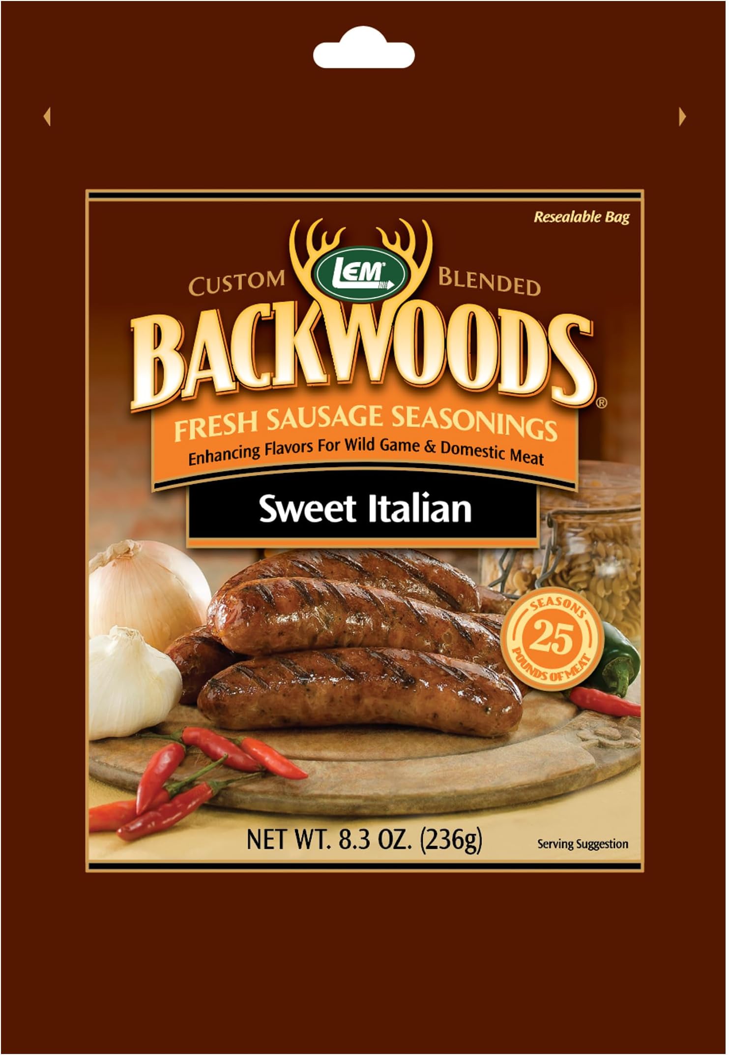 Products Backwoods Sweet Italian Fresh Sausage Seasoning, Ideal for Wild Game and Domestic Meat, Seasons Up to 25 Pounds of Meat, 8.3 Ounce Packet