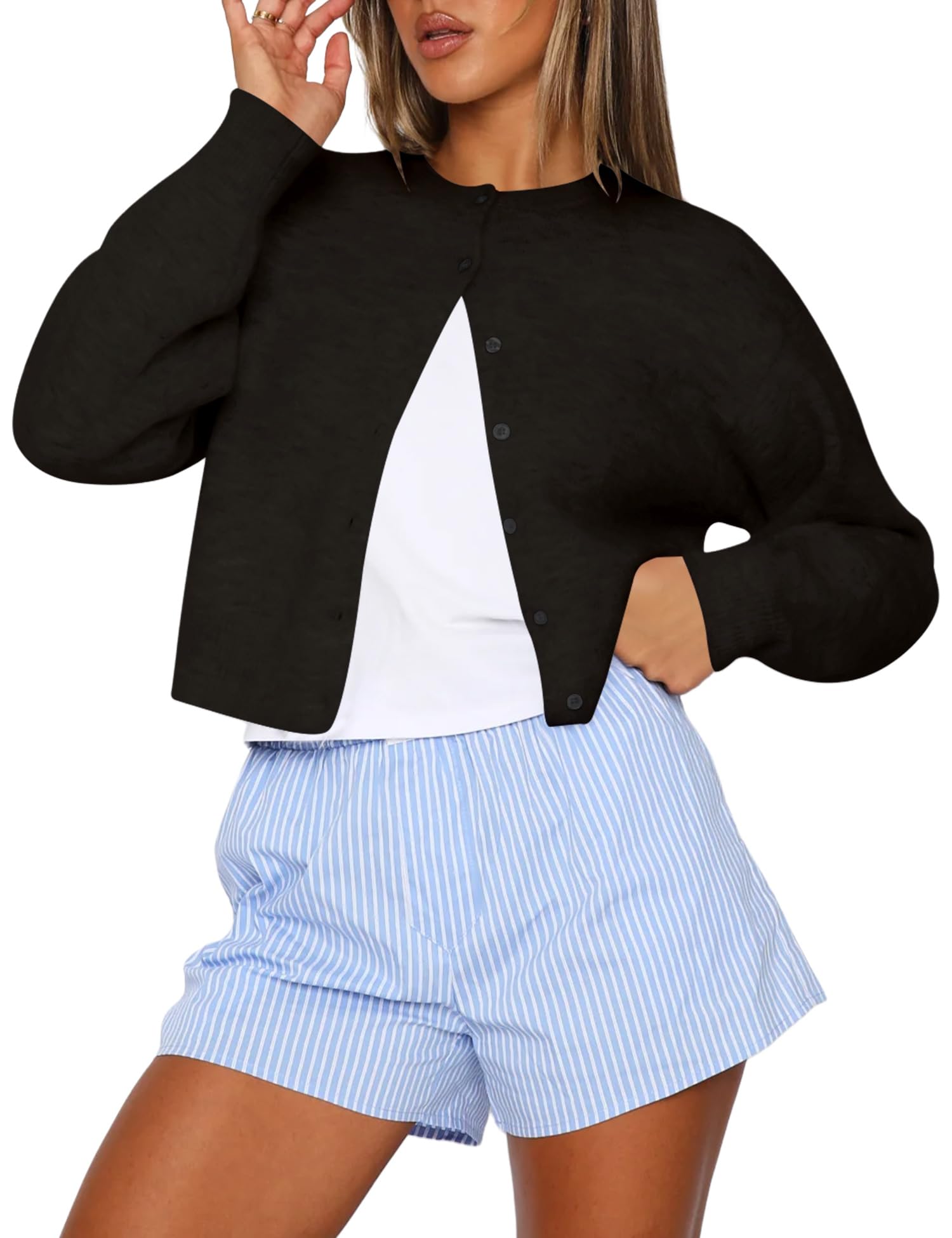 Kistore Womens Cropped Cardigan Sweaters Crew Neck Long Sleeve Button Up Sweaters Lightweight Knit Trendy Sweaters 2025