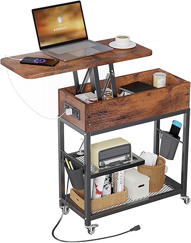 Colima Mesa auxiliar elevable con estación de carga, mesa auxiliar móvil con puertos USB y salidas de CA, almacenamiento oculto, ruedas, mesita de
