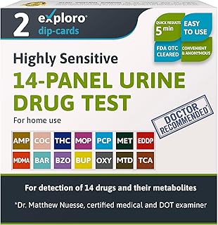 Exploro 14 Panel Urine Drug Test Kit, Instant at Home Drug Test for 7 Illicit & 7 Prescription Drugs THC,OPI,AMP, BAR, BUP, BZO, COC, mAMP, MDMA, MTD, OXY, PCP, EDDP, TCA, Drug Test Kit (Pack of 2)