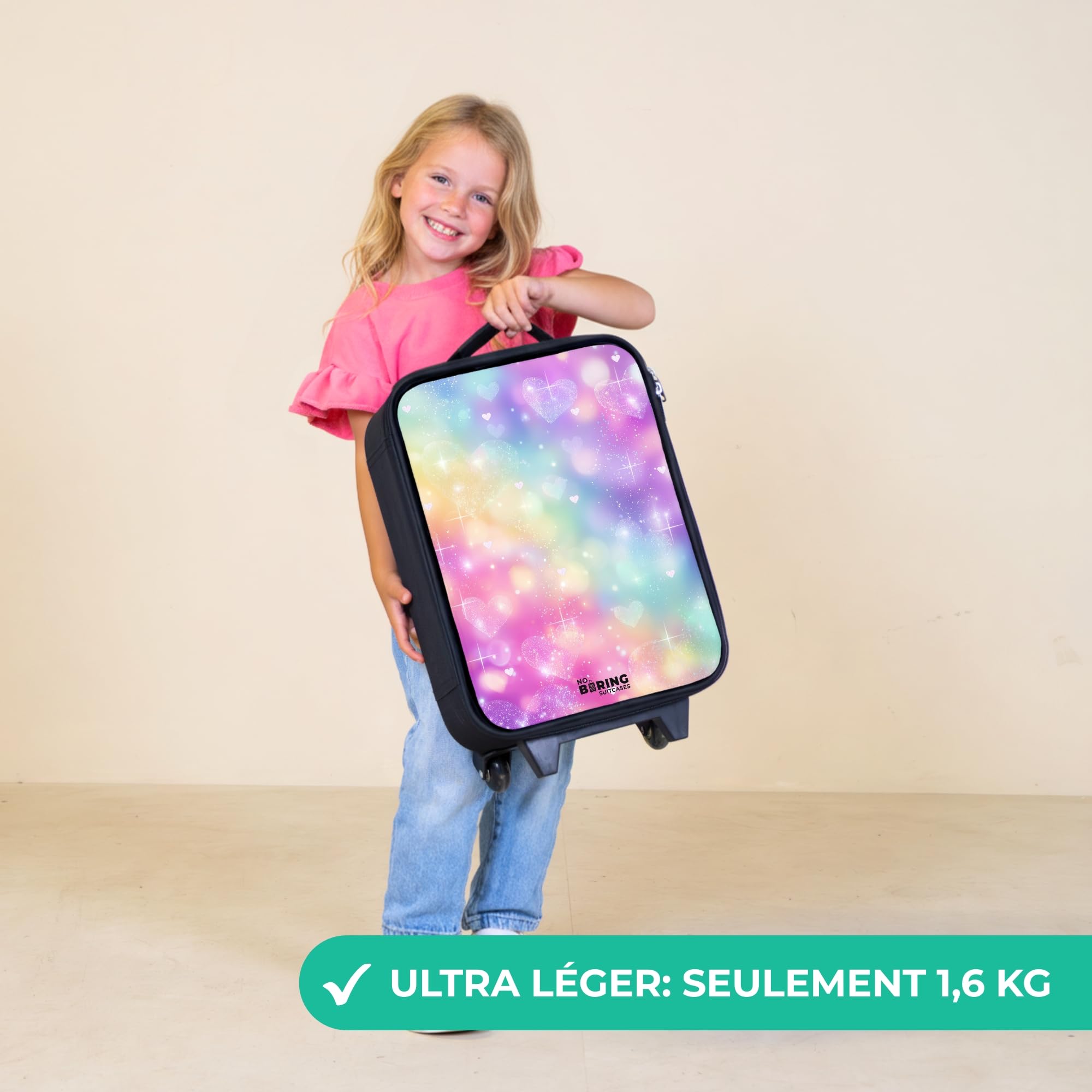 NoBoringSuitcases.com® Valise Enfant 48x31x19 cm Ultra Légère Bagages À roulettes LED pour Enfants Petite Voyage Bagage Bebe Valisette A Roulette Ado - Fille - Lumière - Arc-en-Ciel - Cœurs