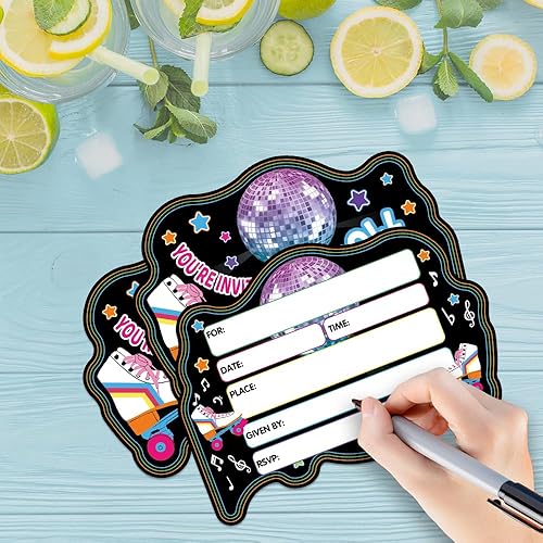Miniatura 3 de ERHACHAIJIA 15 unidades de patines de bola ligera Let's Roll Disco con forma de arco iris, tarjetas de invitaciones con sobres, divertidas