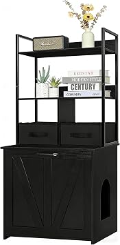 Dwanton Litter Box Enclosure with 2 Storage Shelves and 2 Drawers, 2-in-1 Hidden Cat Litter Box Enclosure Furniture with Shelf, Reversible Entrance, Washable Drawers, 50-Inch, Black