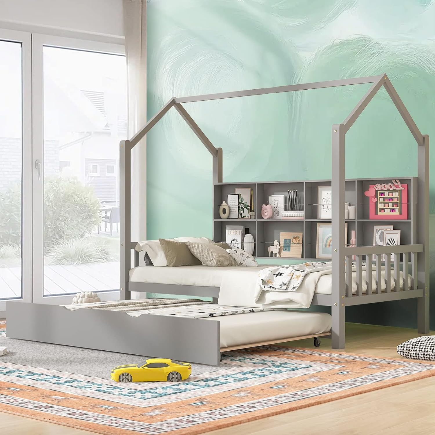 GRESATEK Bed Frame,Twin House Beds with Trundle,Twin Size