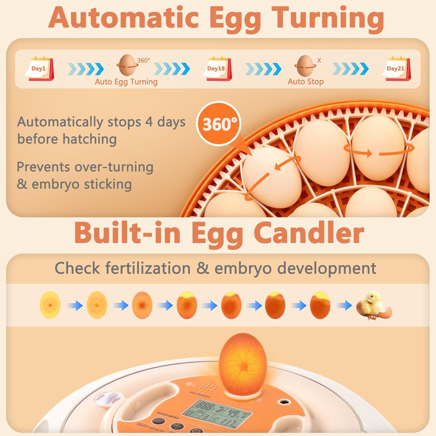 Voice-Controlled Incubator for Hatching Eggs, 2 Egg Trays for 26 Chicken or 59 Quail Eggs, Egg Incubator with Automatic Egg Turning and Humidity Control, Temp Control, Egg Candler, Chicken Incubator