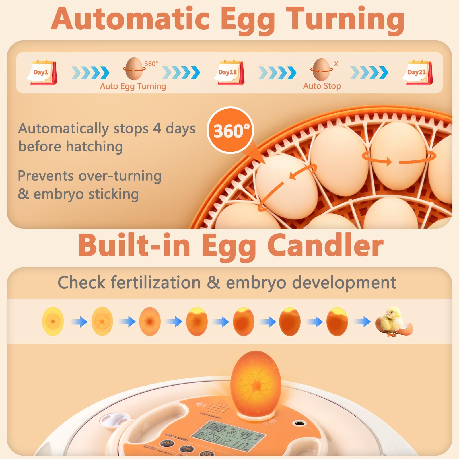 Incubadora controlada por voz para incubar huevos, 2 bandejas de huevos para 26 huevos de pollo o 59 huevos de codorniz, incubadora de huevos con giro automático de huevos y control de humedad