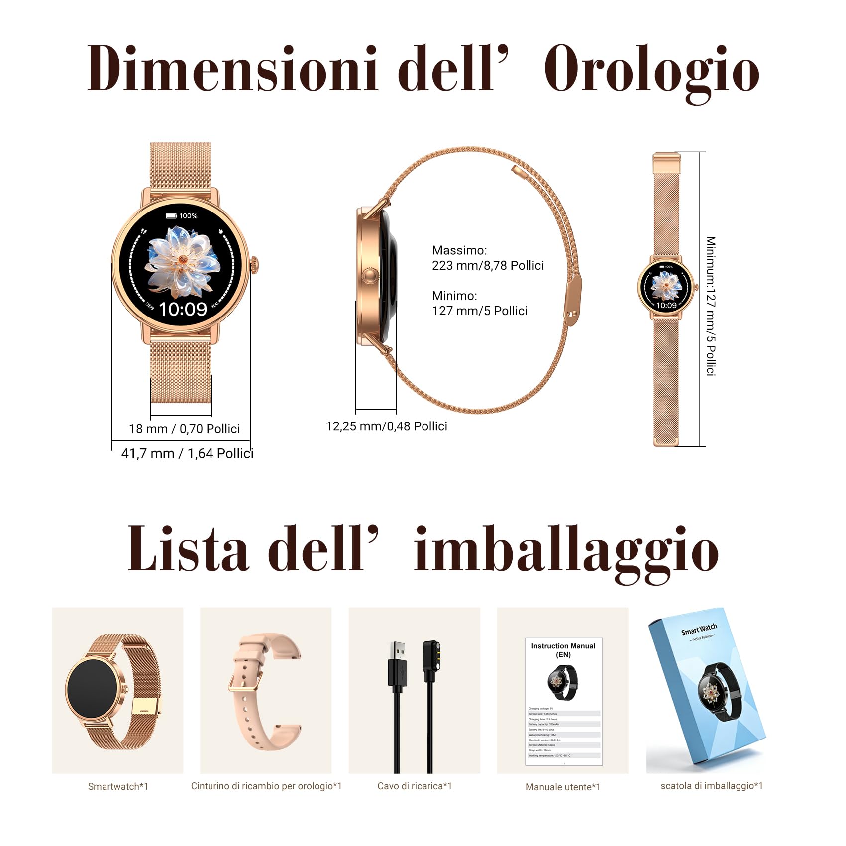 Smartwatch Donna, 1.26"Orologio Intelligente Donna con Chiamate Bluetooth, Smart Watch con 2 Cinturini, Notifiche, Podometro, Design Sottile, Compatibile con Android iOS, Smartwatch Impermeabile IP68
