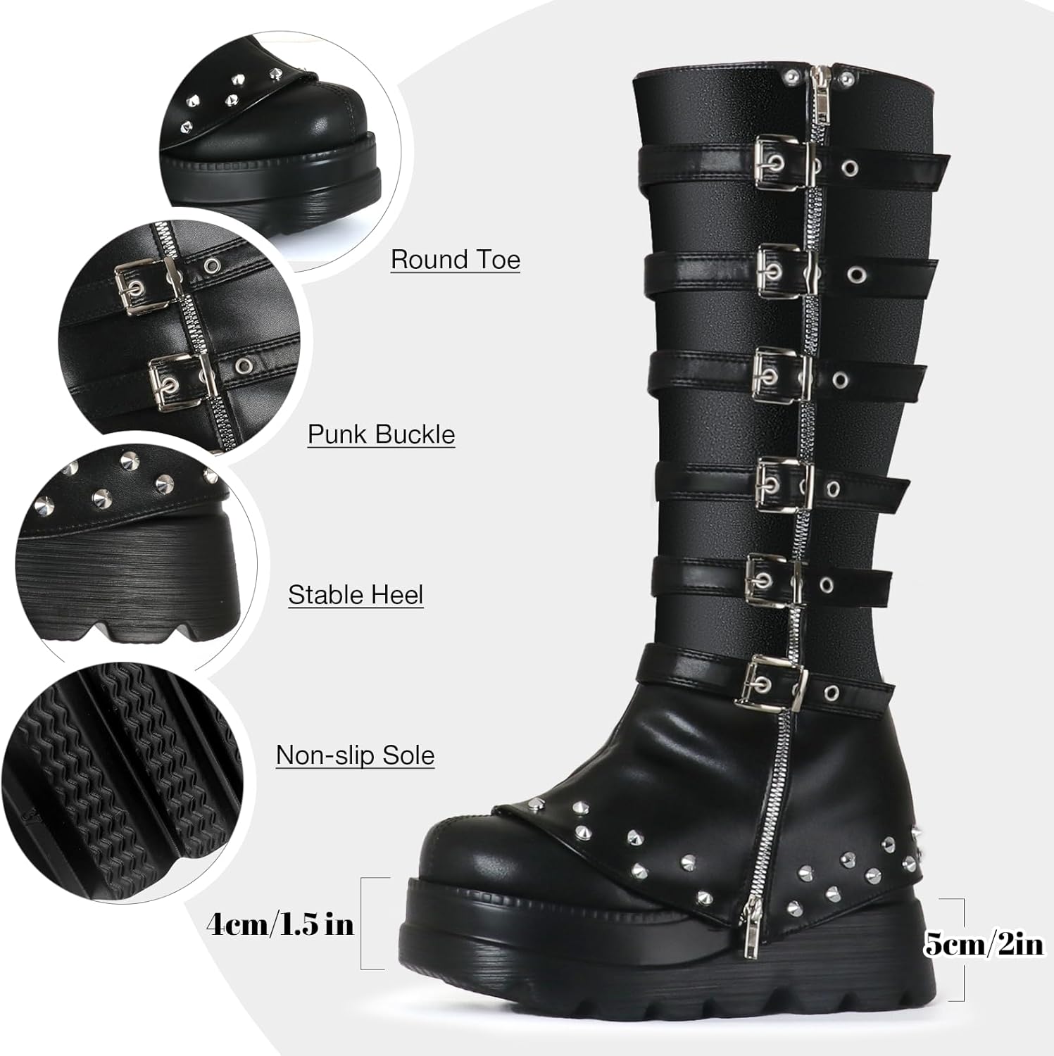 FIFSY Women's Knee High Boots Goth Platform Buckle Boots Punk Wedge Chunky Heels Boots Cosplay Party Costume Booties