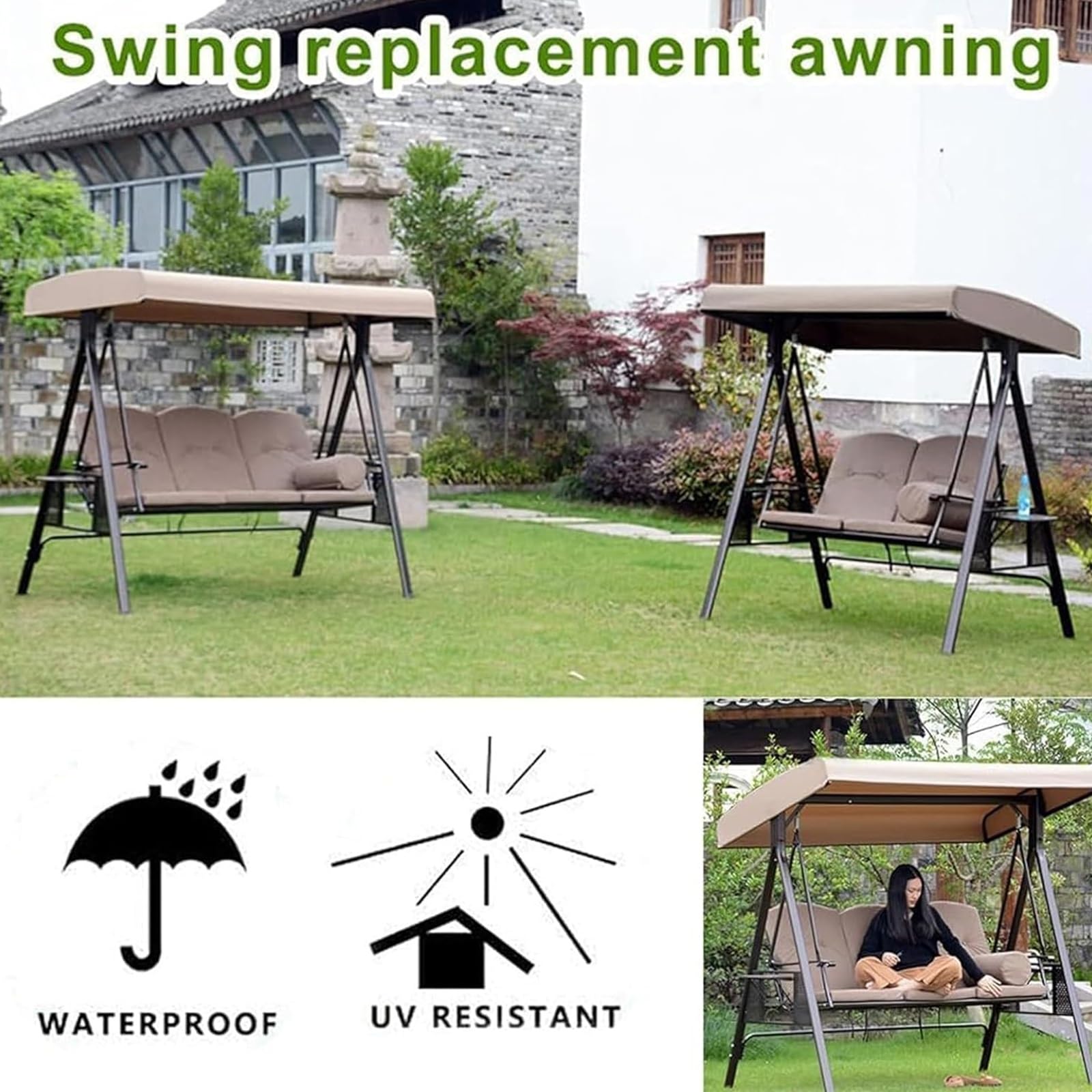 Swing Canopy Replacement Cover 3 Seater - Waterproof Top Cover For Patio Garden Porch Swings - Patio Canopy Replacement(Beige)