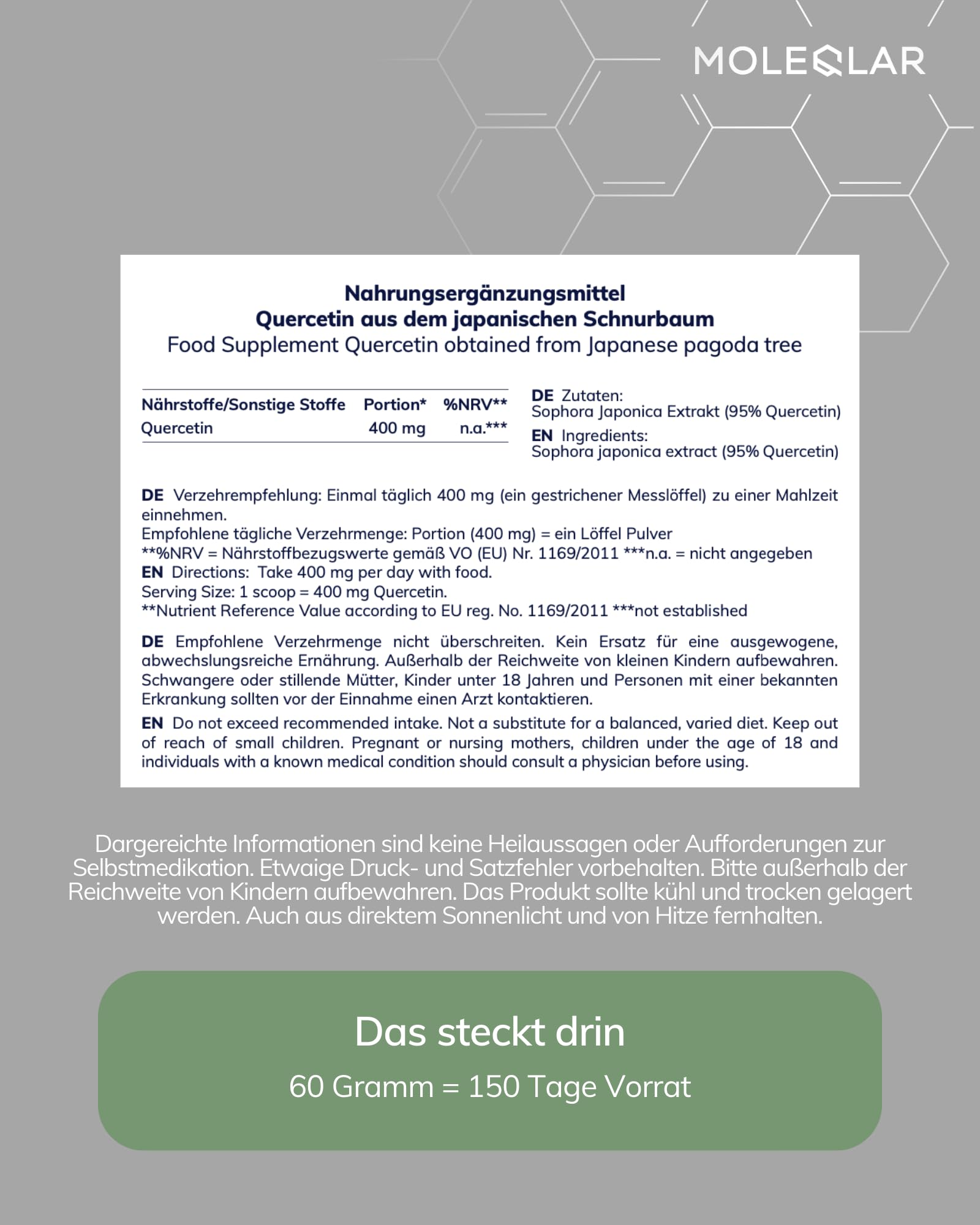 MoleQlar Quercetina polvere di alta purezza – 60 g di quercetina diidrato vegana Premium – 400 mg per porzione – con cucchiaio dosatore – Bioflavonoide vegetale del jap