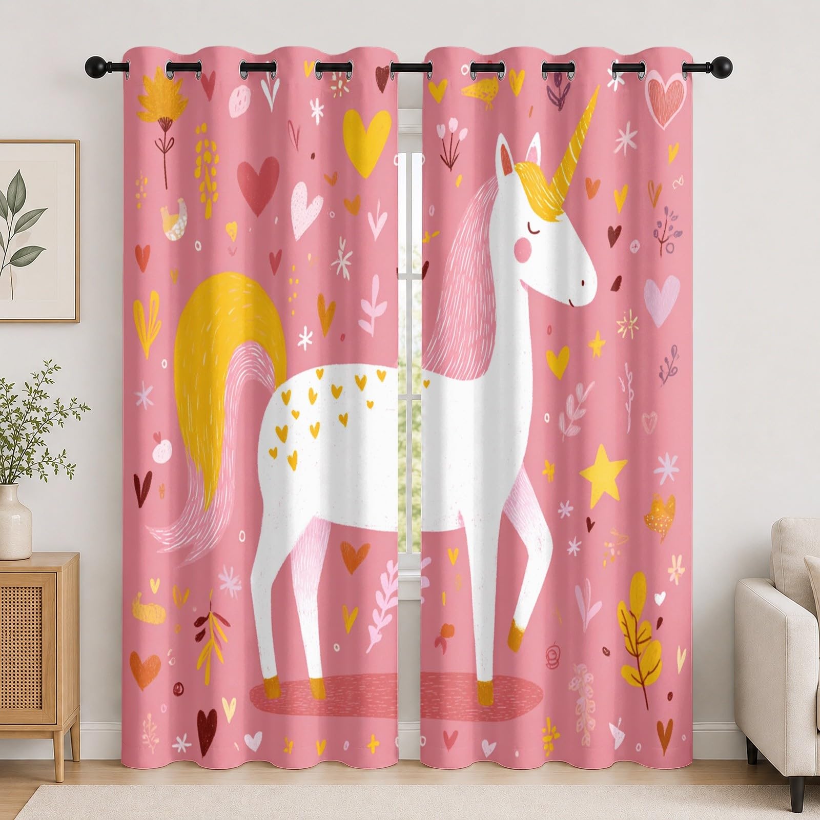Lot De 2 Rideau À Oeillets Occultant 140L X 245H cm Romantique Dessin Animé Licorne Rideaux Salon Moderne Chambre Anti Bruit Anti Froid Rose Draperies d’intimité Doux Décoration Fenêtre