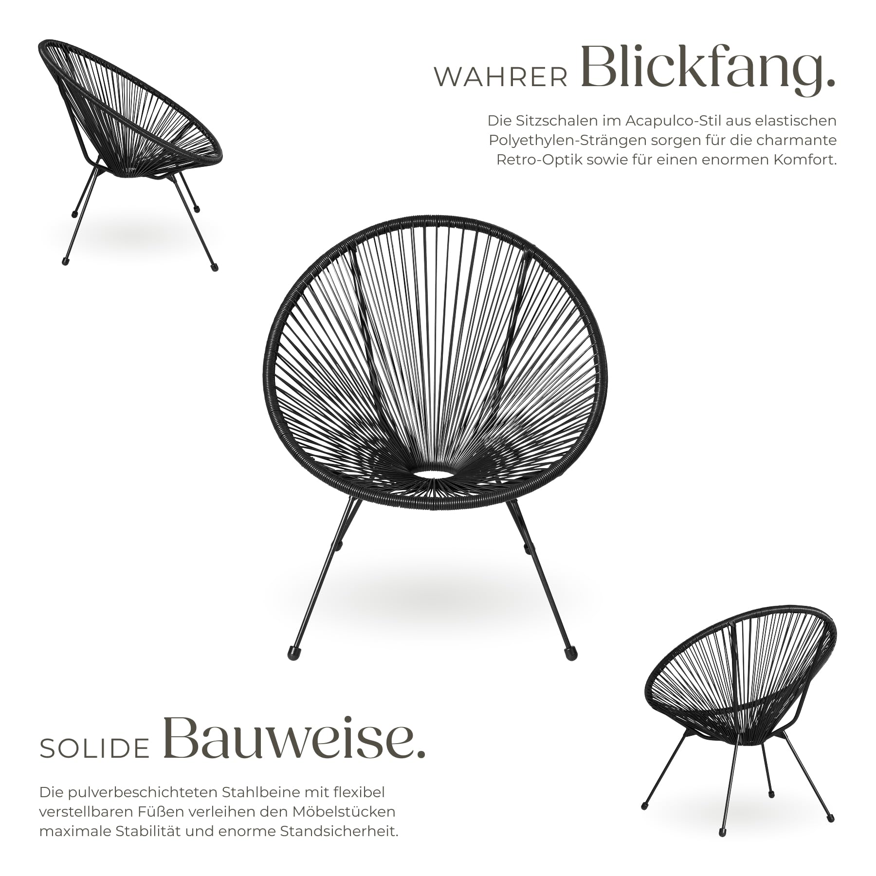 tectake® Set 2X Stuhl 1x Beistelltisch Acapulco, Gartenstuhl, Gartenstühle im Retro Design, Indoor und Outdoor Sessel für Garten, Wintergarten, als Terrassenstühle oder Balkon Sessel - schwarz