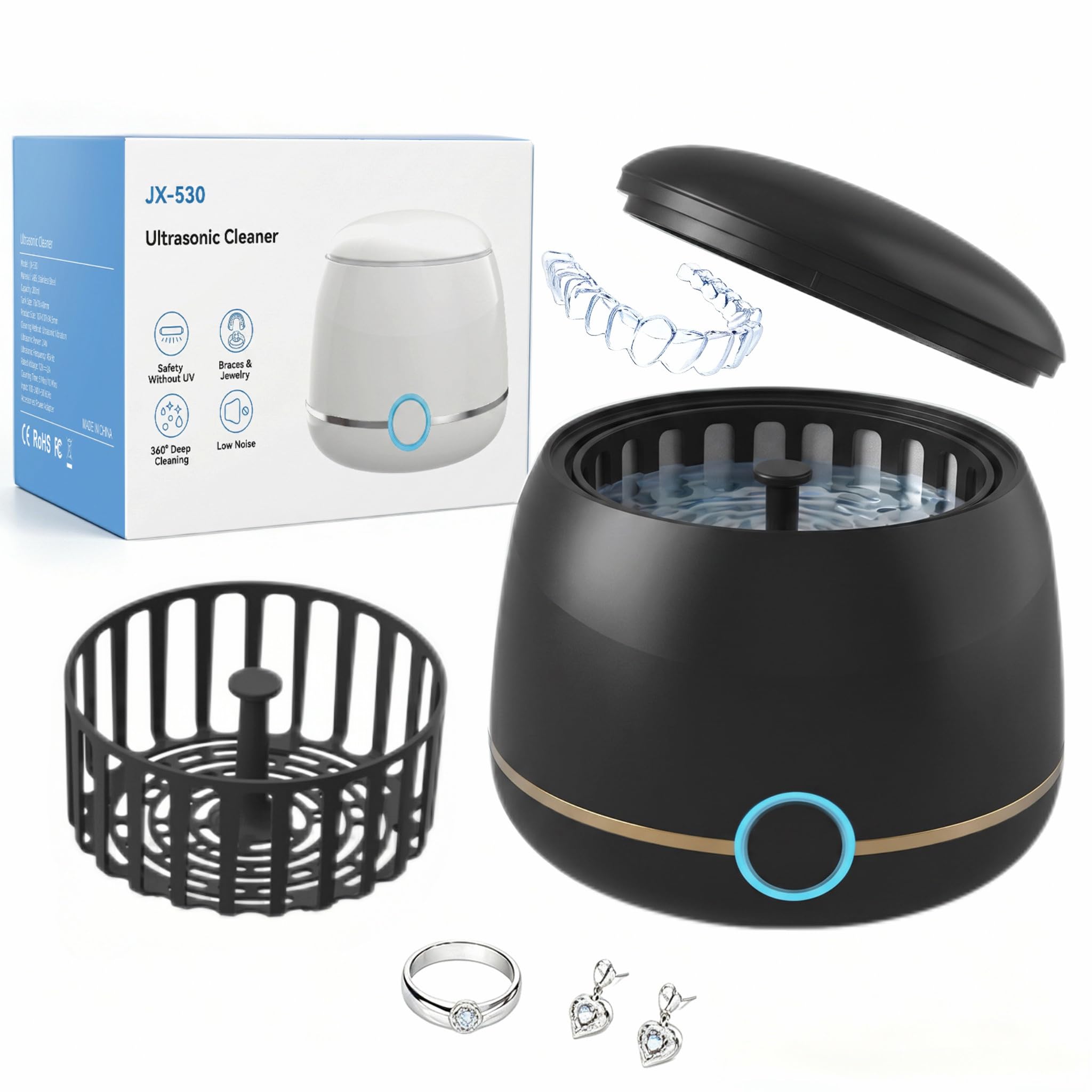 WRIYES 45kHz Pulitore Ultrasuoni, per la pulizia di allineatori dentali e apparecchi di contenzione, Pulitore Ultrasuoni Apparecchio Denti adatto anche per bite dentale,dentiere,ecc (nero)