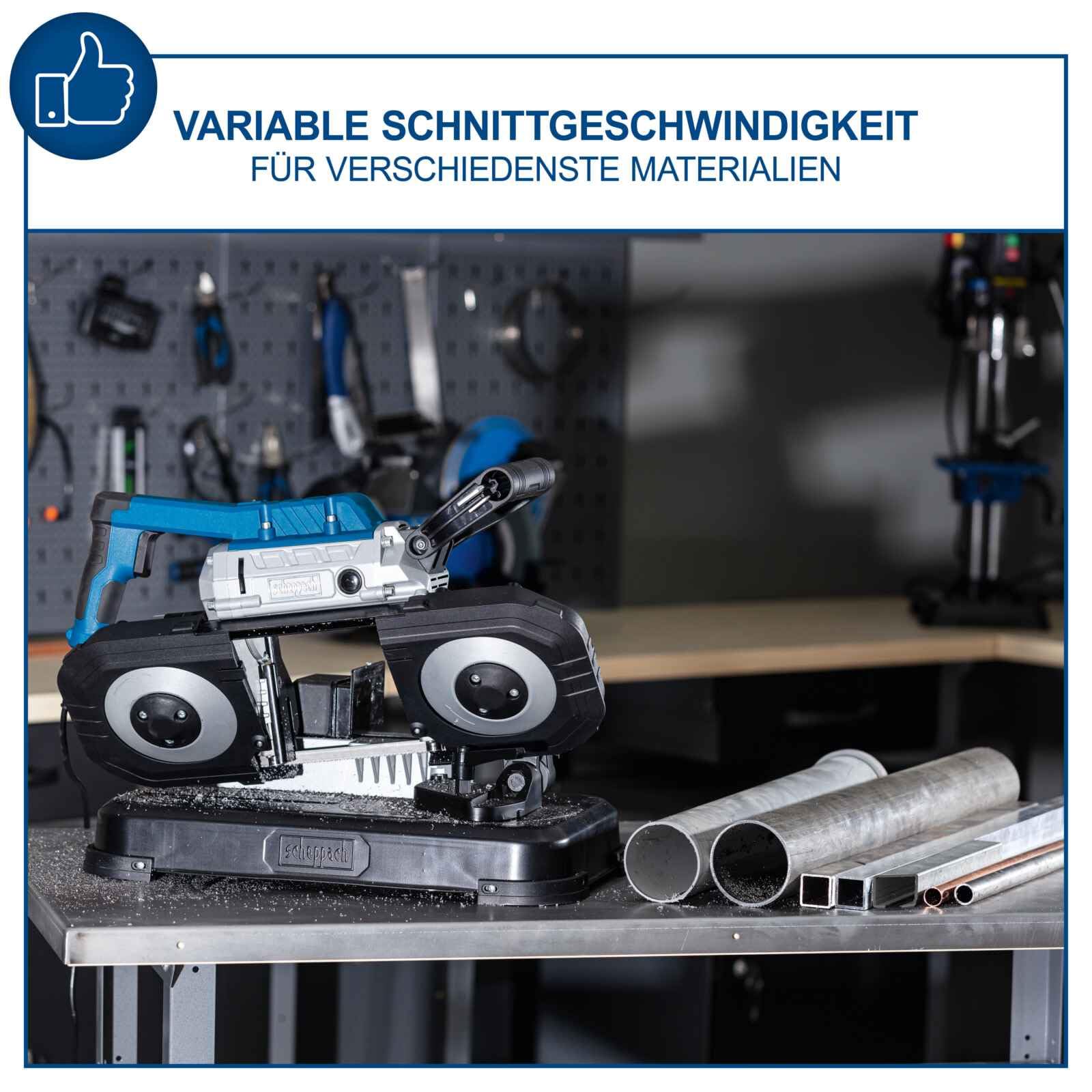 Scheppach Metallbandsäge MBS1200 Metallsäge Bandsäge inkl. Sägeband | 1100W Leistung | Schnitthöhe bis 127mm & Rohrschnitt bis Ø80mm | abnehmbarer Arbeitstisch | LED-Licht | Vario-Speed 0,7-2,4 m/s