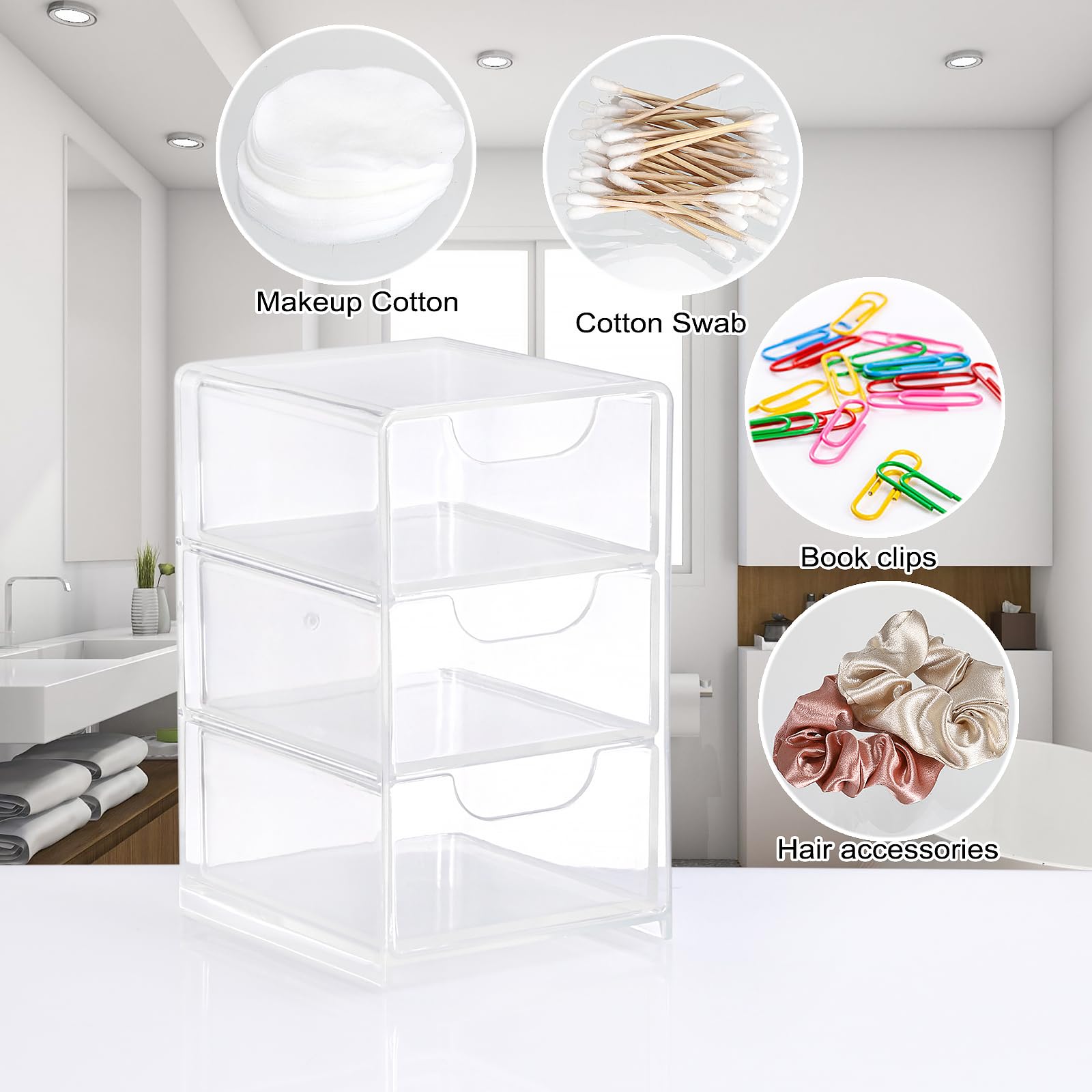 Hipiwe Acrylic Drawer Organizer Qtip Holder for Cotton Pad Cotton Swabs Makeup Storage Drawer with 3 Drawers Clear — view 7