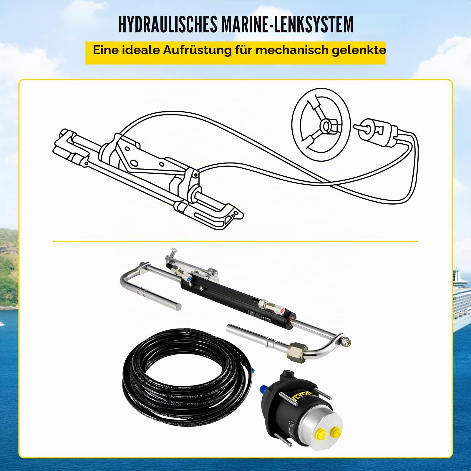 VEVOR Hydraulisches Außenborder-Lenkset 90 PS, Außenborder Hydrauliklenksystem mit Helmpumpenzylinder, Marine-Lenksystem-Satz Schrittweite 200 mm