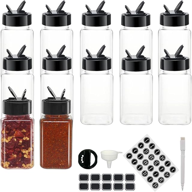 YBCPACK 12 Pack 4oz Plastic Spice Jars with Lids and LabelsSmall Square Spice Storage Containers with Black Flip Top Cap for Spice Seasoning Organiser