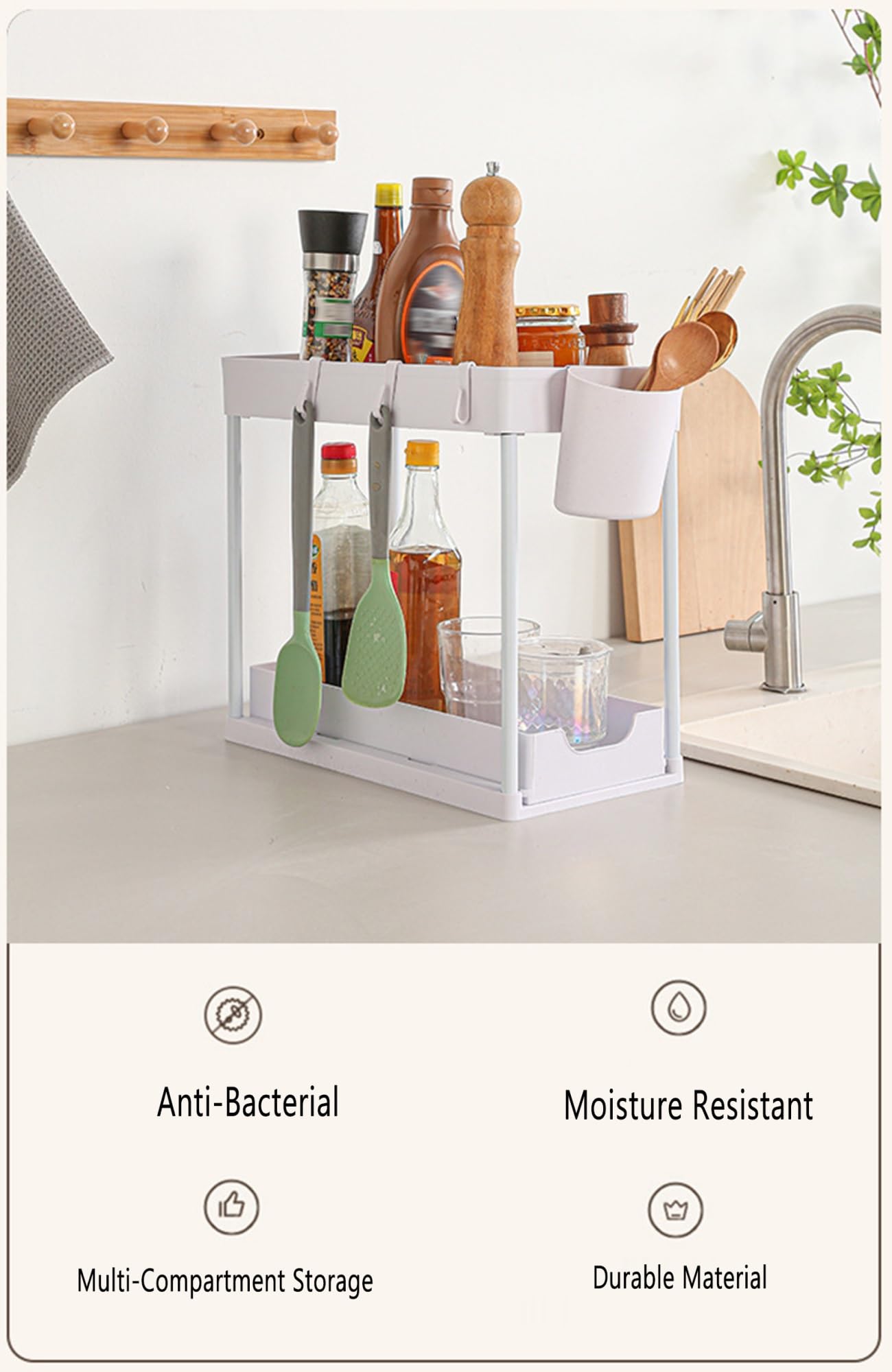 2-stöckiger Schrank-Organizer zum Herausziehen unter der Spüle, Organizer mit 4 Haken und hängenden Tassen, Badezimmer-/Küchen-Organizer und Aufbewahrung, 19,8 x 37,8 x 33,8 cm (Farbe: Weiß)