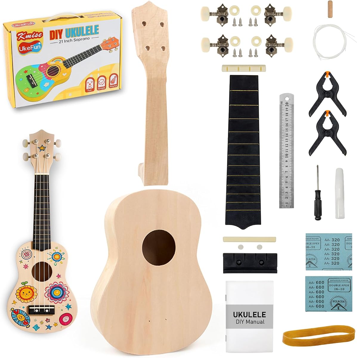 Kmise DIY Ukulele Kit, Basswood 21'' Soprano Ukulele, Build Your Own Uke from Scratch and Enjoy Hands-On Fun, Full Accessories, Ideal for Family Activities, Group Crafts, and Fun with Friends (1)