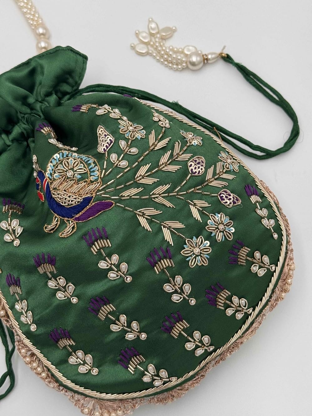 Amayra Luxe Embroidered Peacock Potli Bag for Women & Girls | Designer Batwa Handbag with Beaded Handle & Drawstring Closure | Festive & Wedding Shagun Pouch | Traditional Ethnic Purse (Green) 4