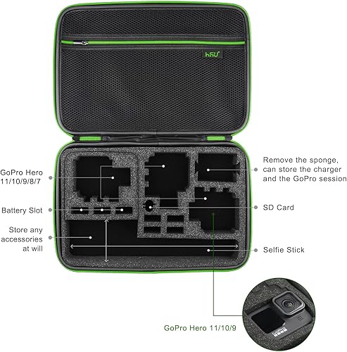 Miniatura 10 de HSU Funda de transporte grande para GoPro Hero 11, 10, 9, Hero 8, 7 negro, HERO6, 5, 4, + LCD, negro, plateado, 3+, 3, 2 y accesorios con asa de