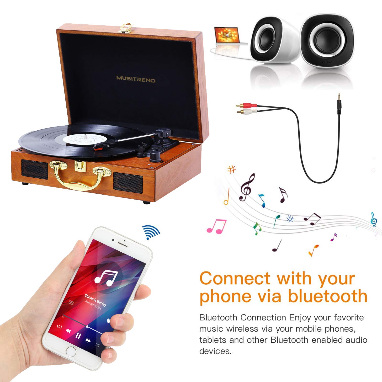 MUSITREND Vinyl Record Player Bluetooth Turntable 3Speed Vintage
