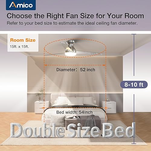 Miniatura 58 de Amico Ventiladores de techo con luces, perfil bajo, control remoto, montaje empotrado, reversible, 3CCT, regulable, silencioso, para dormitorio, uso