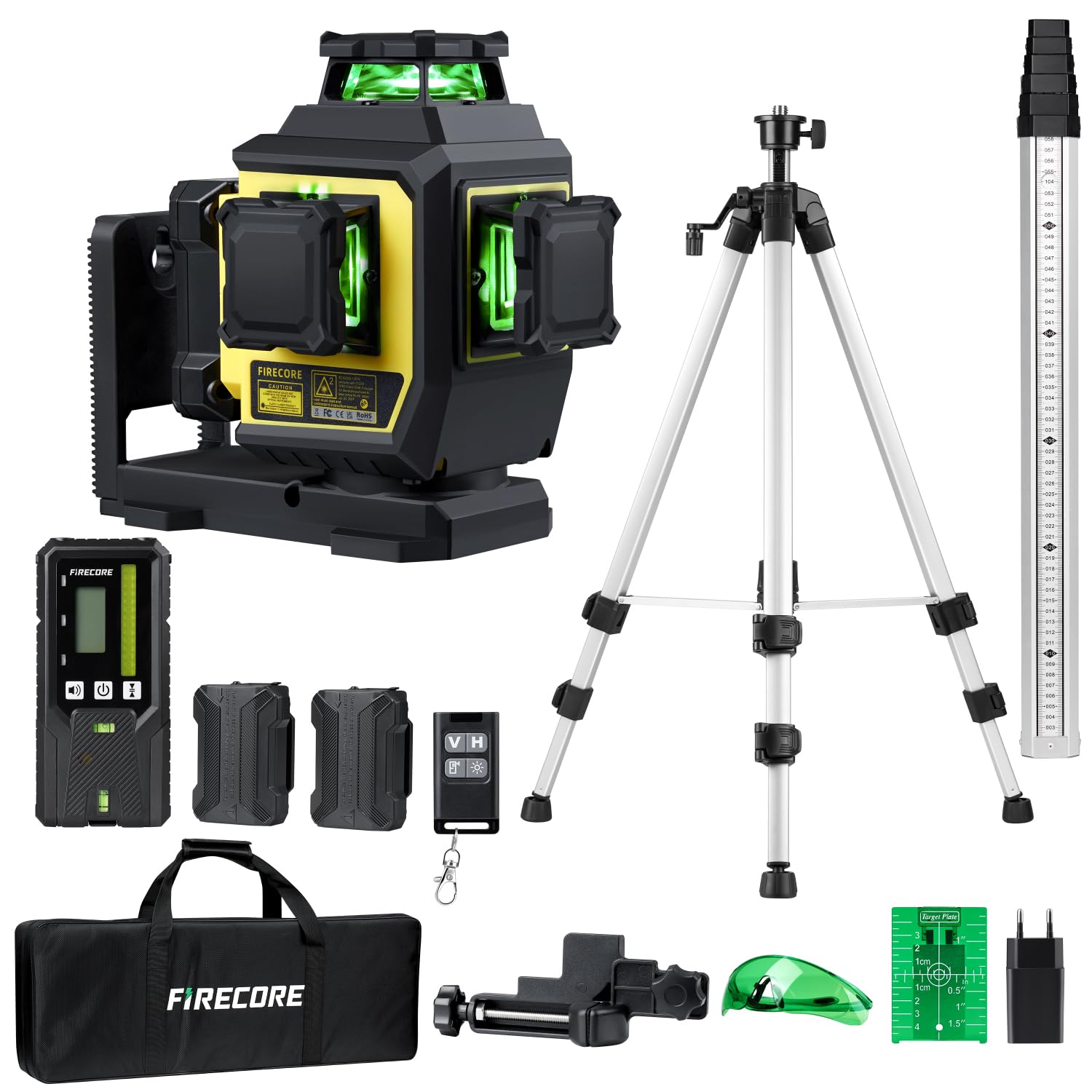 Laser Level Kit Firecore 3x360° Green Laser with 1.5m Tripod, 3m Leveling Staff, FD30 Receiver (50m Range), Remote Control, 2X 4400mAh Batteries, Laser Glasses & Target – Professional Self-Leveling