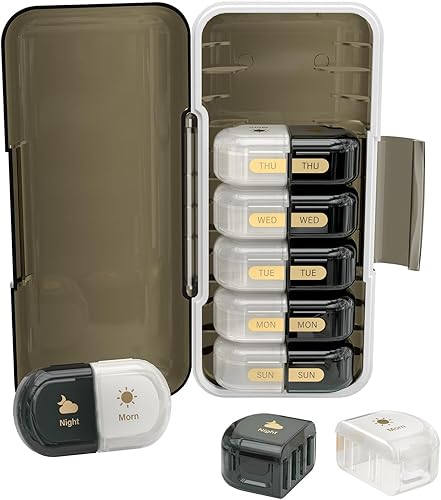 Miniatura 7 de Codcaw Organizador semanal de pastillas 2 veces al día, a prueba de humedad, compartimentos desmontables, pastillero AM PM 2 x 7 días, organizador