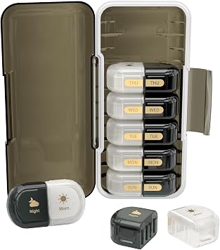 Weekly Pill Organizer 2 Times a Day, Moisture-Proof, Detachable Compartments, AM PM Pill Box 2X 7 Day, Travel Pill Organizer for Pills/Fish Oil/Medication/Vitamin/Supplements Black + White