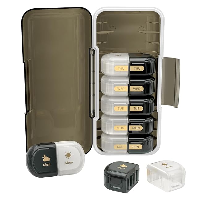 Weekly Pill Organizer 2 Times a Day Moisture-Proof Detachable Compartments AM PM Pill Box 2X 7 Day Travel