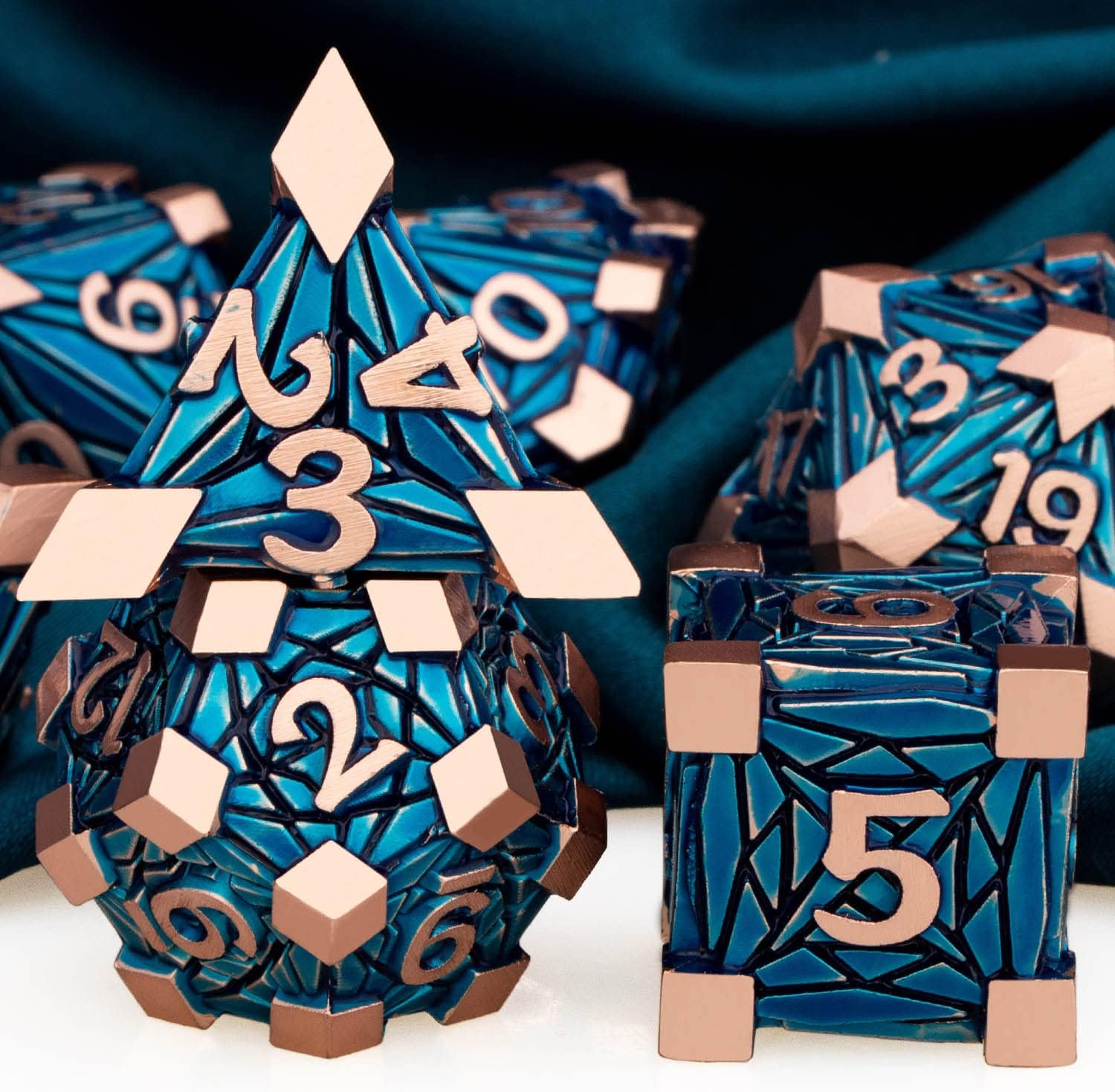 ARUOHHA DND Metal Dice Set Crystal Shards Dice with Gift Box, 7PCS Copper Blue Polyhedral Dice RPG Role Playing Game Handmade 6 Sided D and D Dice Set D20 D12 D10 D8 D6 D4