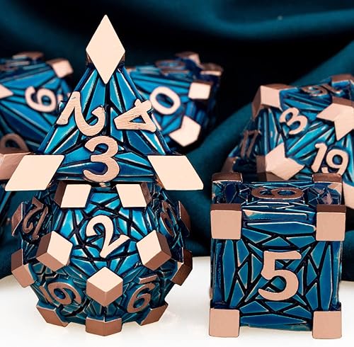 Miniatura 2 de ARUOHHA DND - Juego de dados de metal con caja de regalo, 7 piezas de dados poliédricos azul cobre juego de rol RPG hecho a mano de 6 caras D y D
