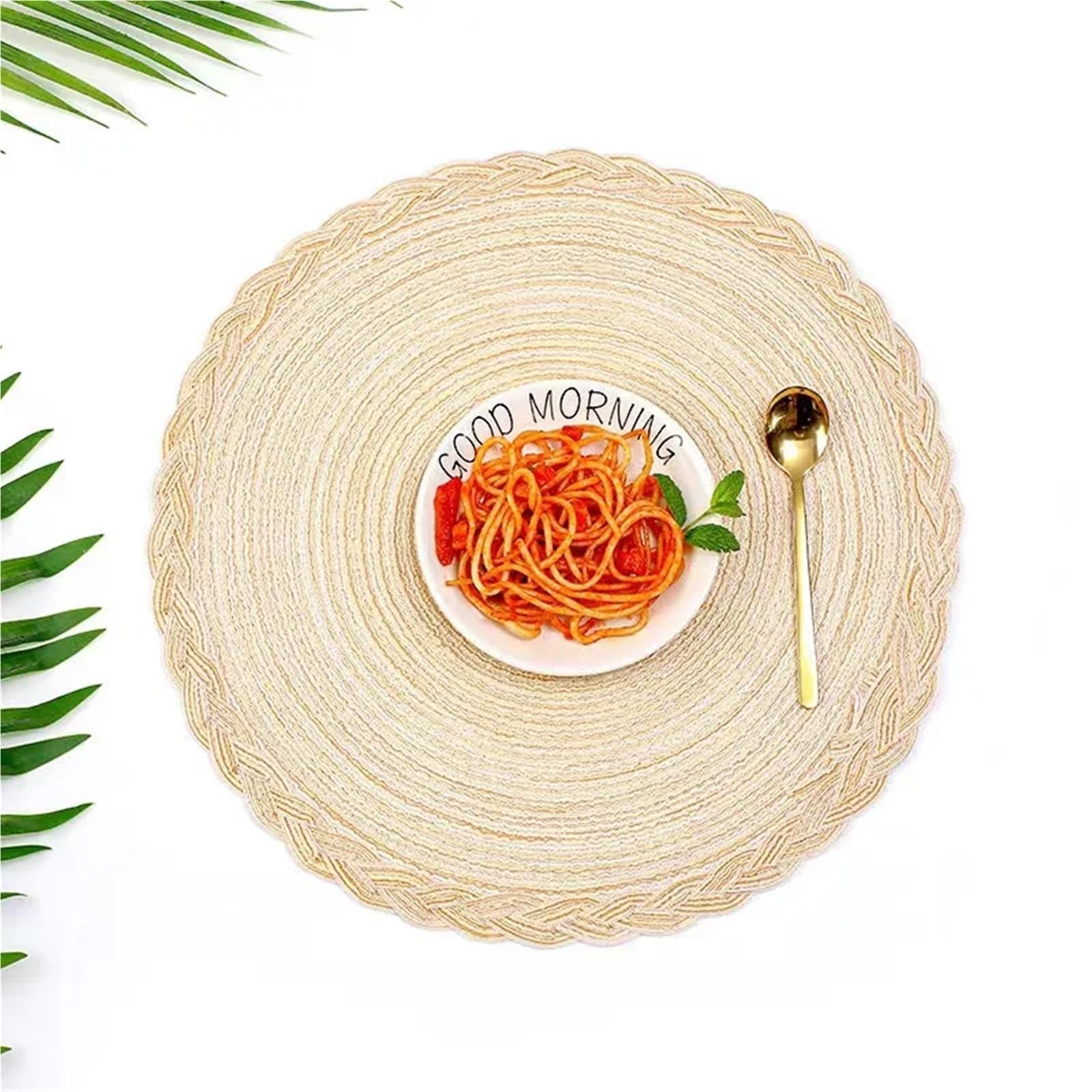 Woven Placemats Round Table Mat Woven Ramie Cotton Yarn Placemats Anti Slip Dining Mats Non-Slip Tableware Bowl Pads Kitchen Cup Coasters