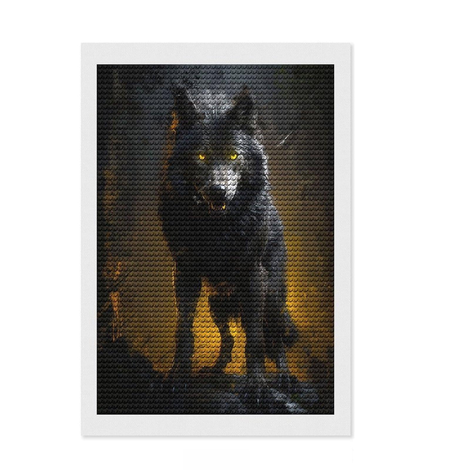Junmoney Black Wolf with Yellow Eye Diamond Art Canvas 8"x12", Satisfying Creative Project, Sparkling Round Gems, Stress Relief Craft, Office Decor