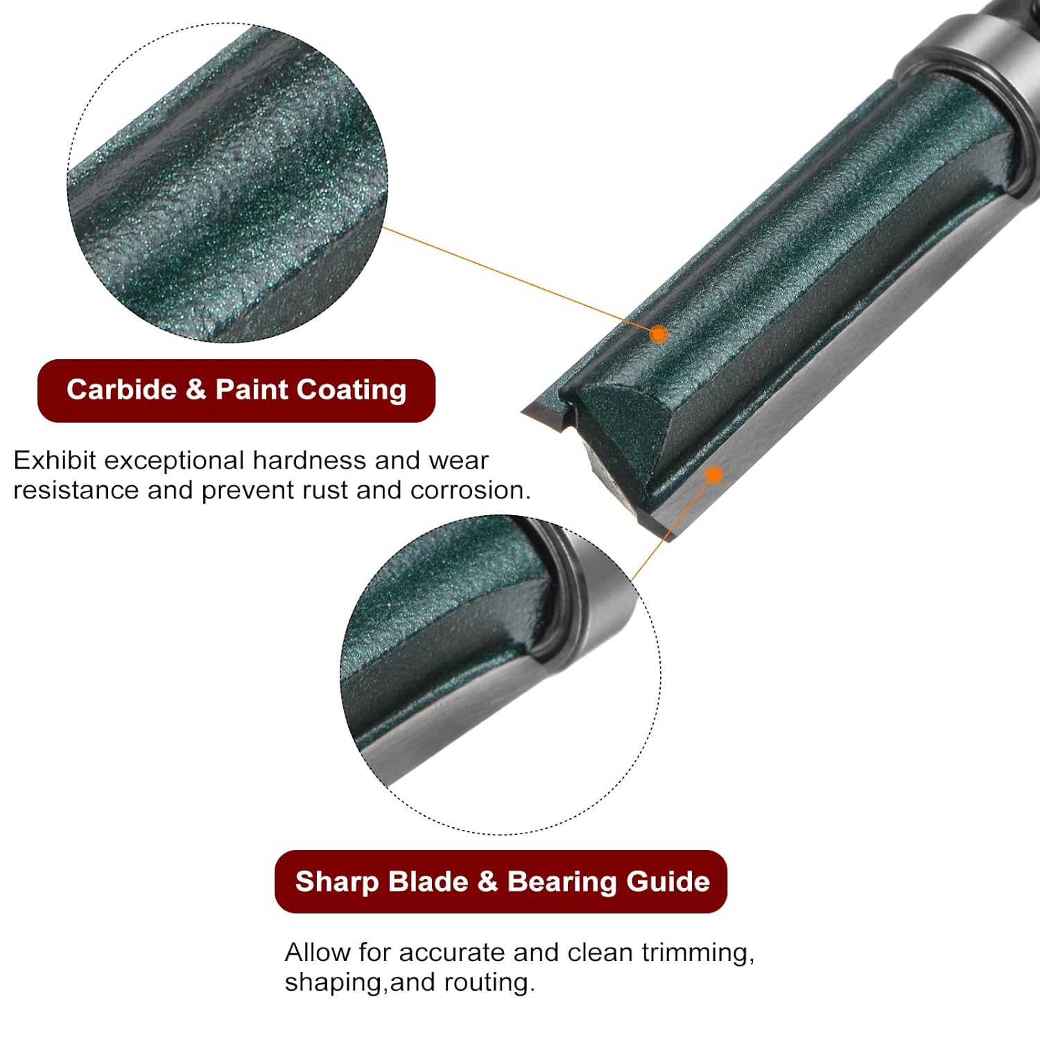 Generic 2pcs Pattern Flush Trim Router Bit 1/4" Shank 1-1/2" Cutting Length 1/2" Cutting Dia with Top Bearings Straight Precise Cutting Woodworking Milling Cutter Tool for Trimming