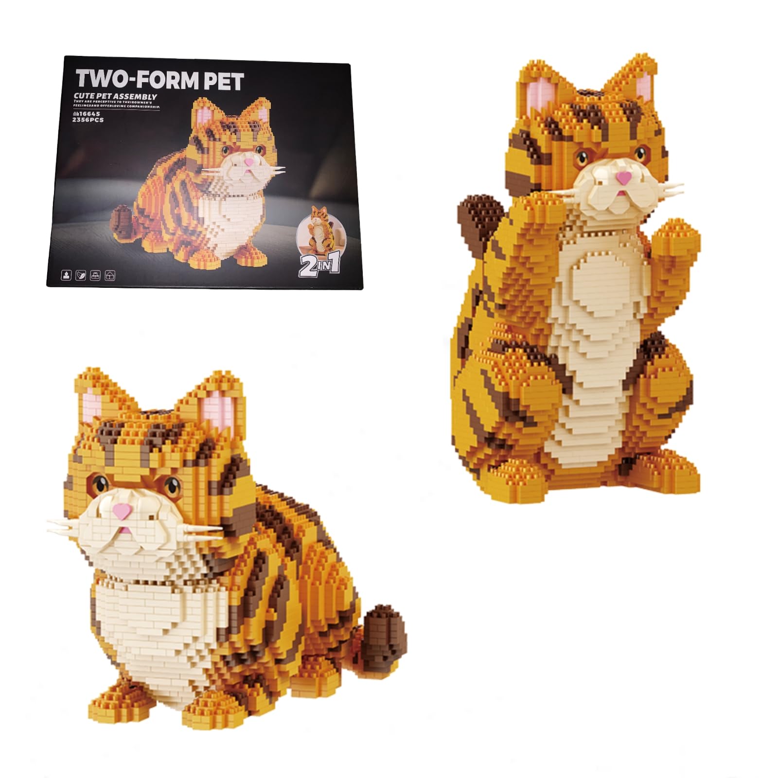 2 IN 1 Orange Tabby Cat Building Set for Adults, 2356 PCS Kitty Mini Micro Building Blocks, Cute Pet Animal Figure Model Toy, Home Desk Decor, Birthday Gifts for Teenagers