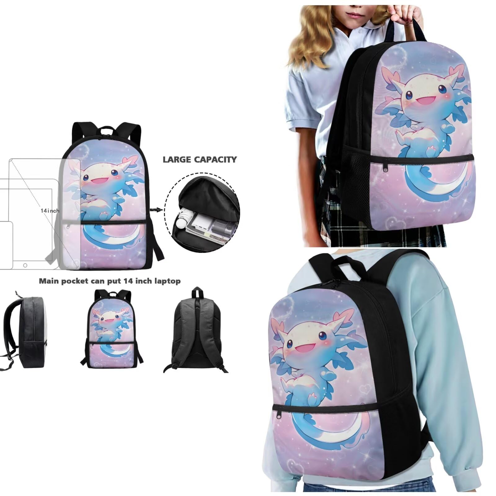 HUGS IDEA Set di borse per libri scolastici carino zaino per ragazze 6-8 8-10 10-12 borsa per la scuola elementare 3 pezzi set
