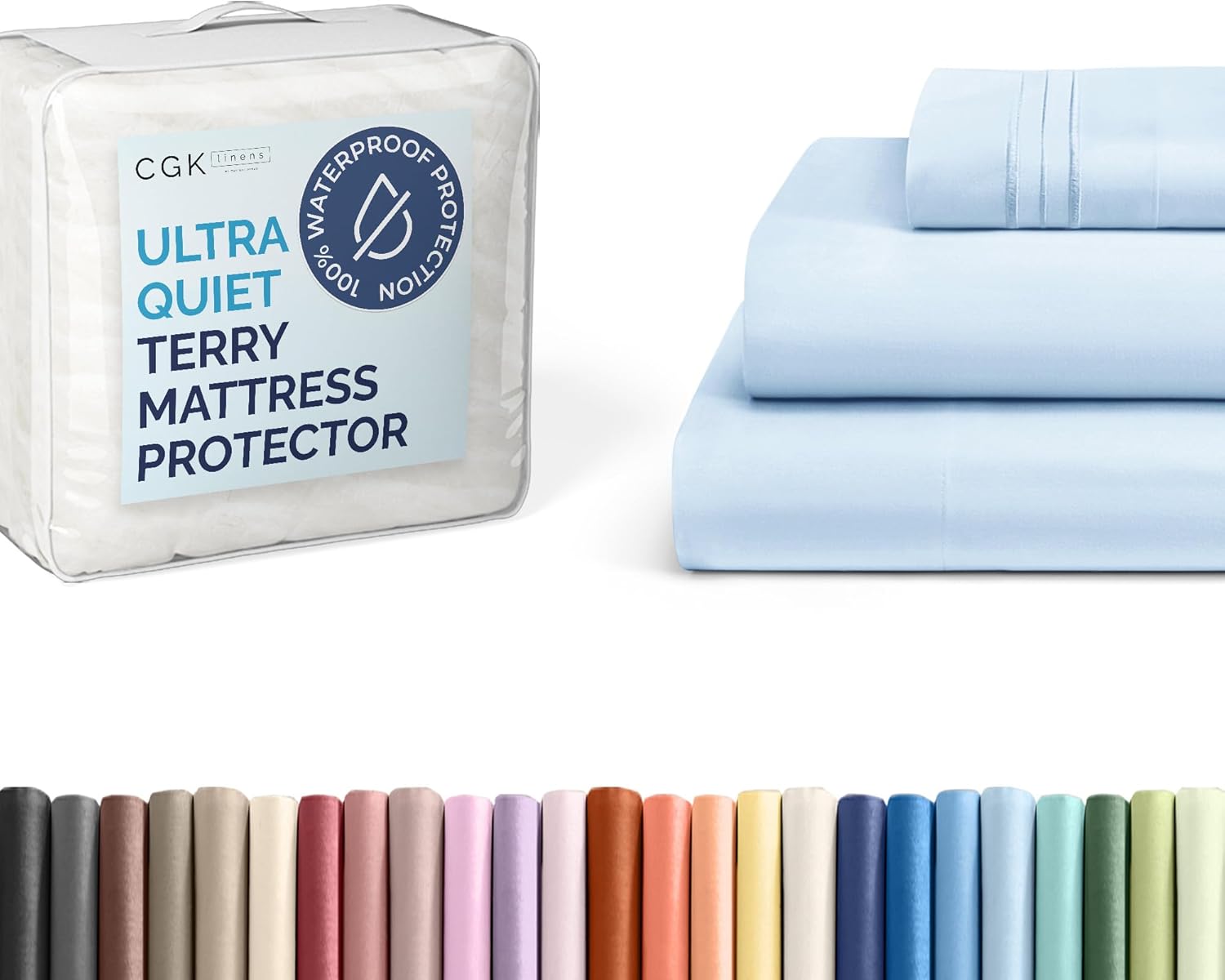 CGK Unlimited Twin XL Size 3 Piece Sky Blue Sheet Set + Twin XL Size Terry Mattress Protector