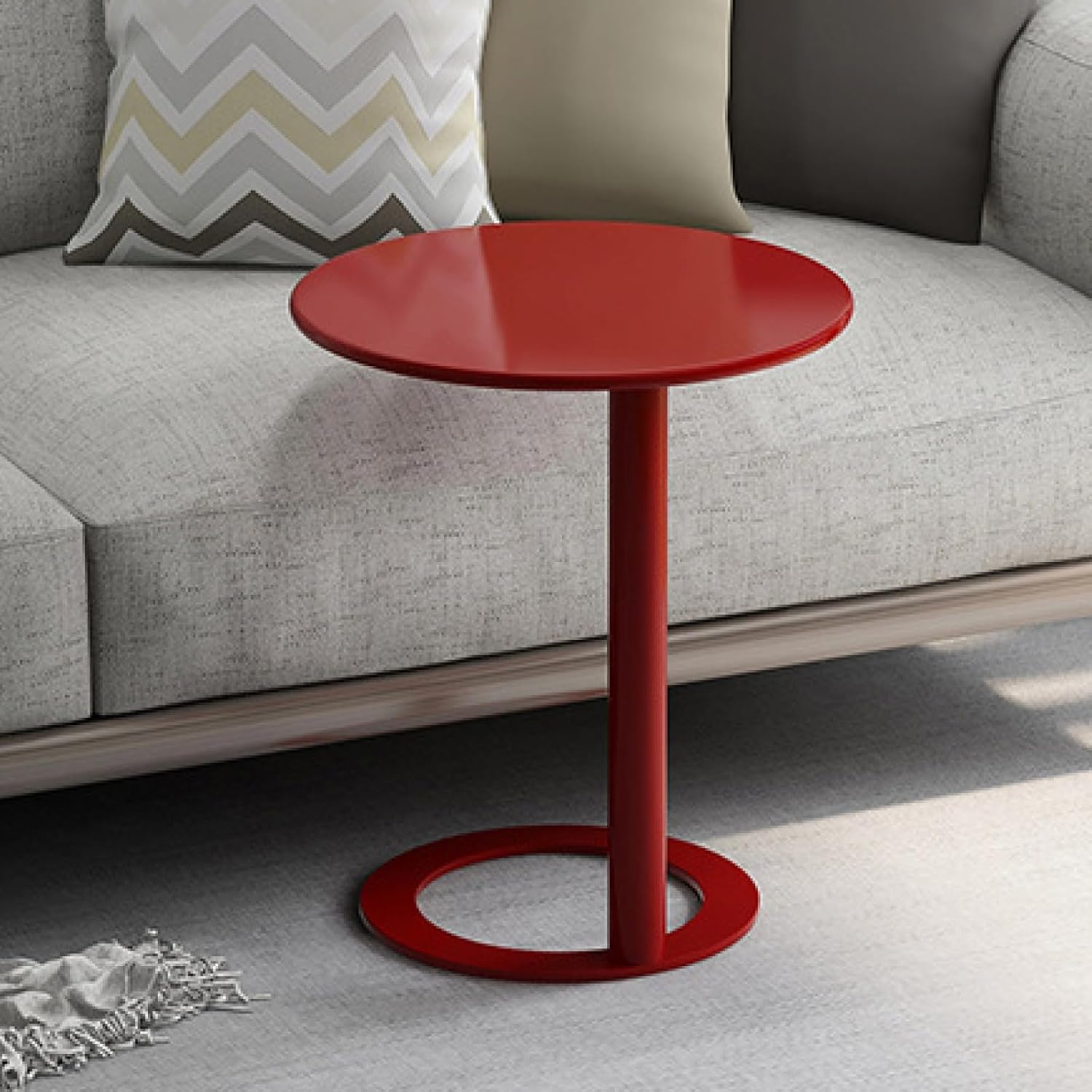 C Shaped End Table, Round Metal End Side Table C Shaped Small Couch Table for Small Space Living Room Bedroom, Red