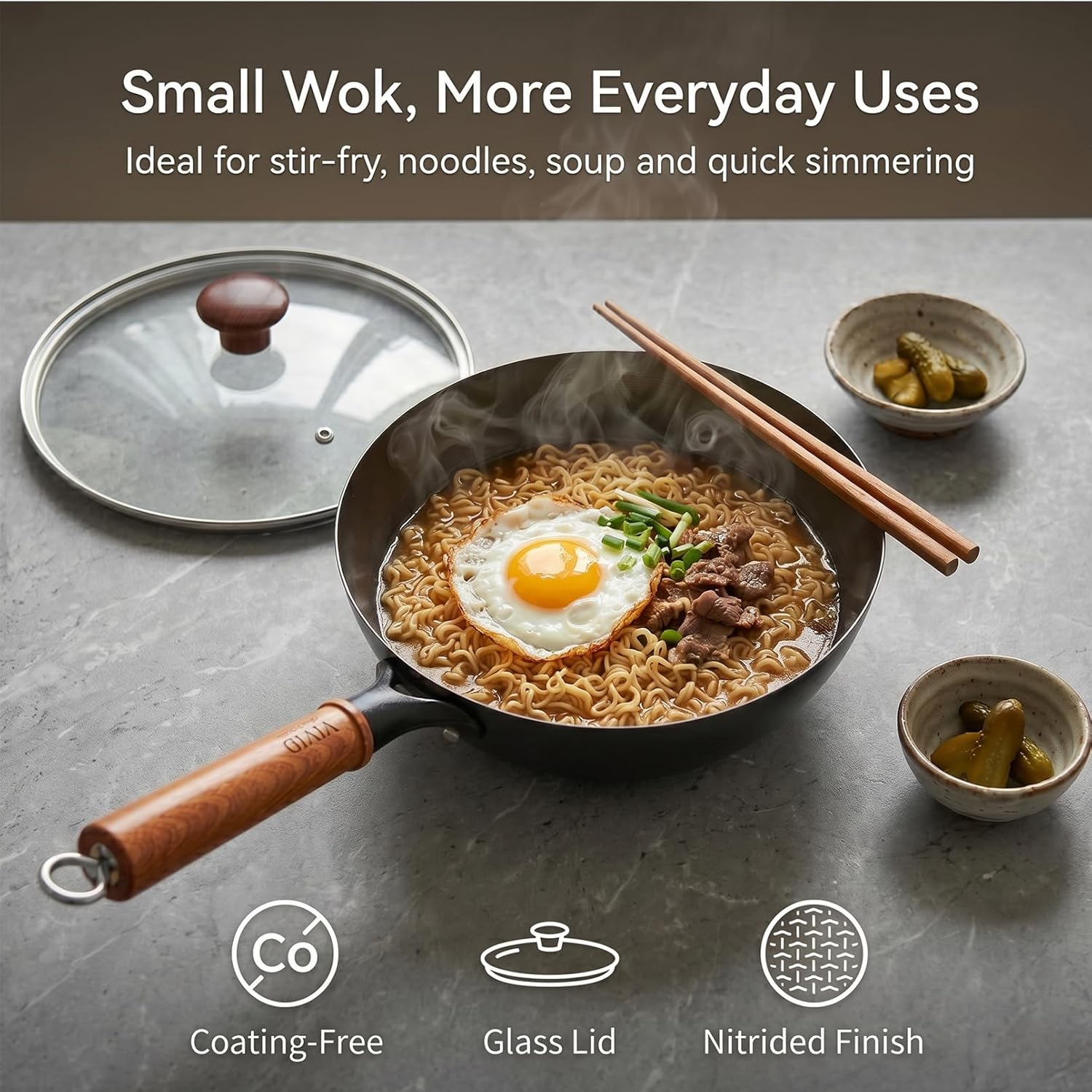 Carbon Steel Wok Pan with Lid, 9.8 Inch Deep Flat Bottom Wok, Coating-Free Carbon Steel Pan for Stir Fry, Soup, Noodles, Braising & Boiling, Small Induction Wok with Wooden Handle