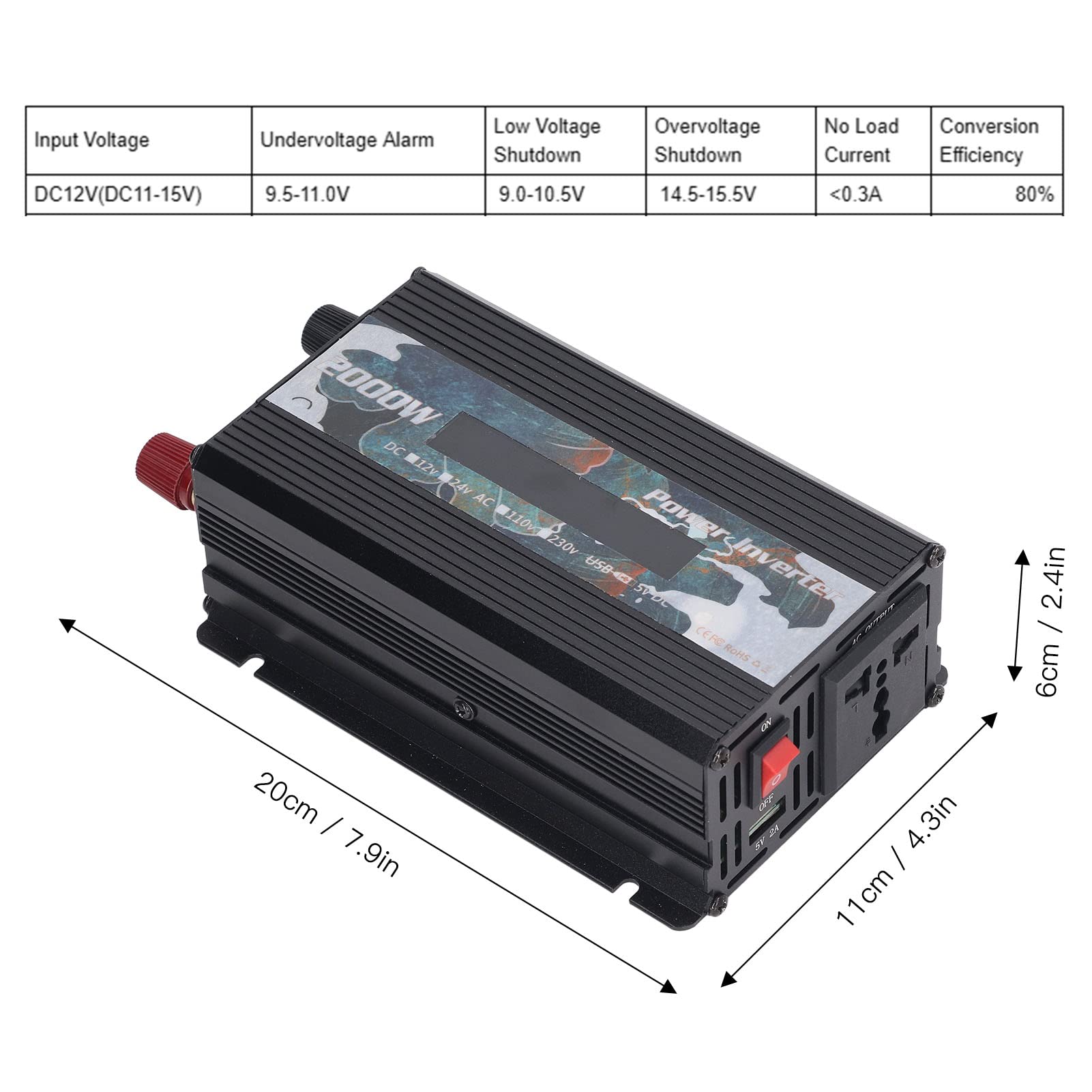 Convertidor de Corriente, Pantalla LCD Solar del Inversor de Corriente del Coche de CC a CA de 2000 W para Cámaras (DC12V)