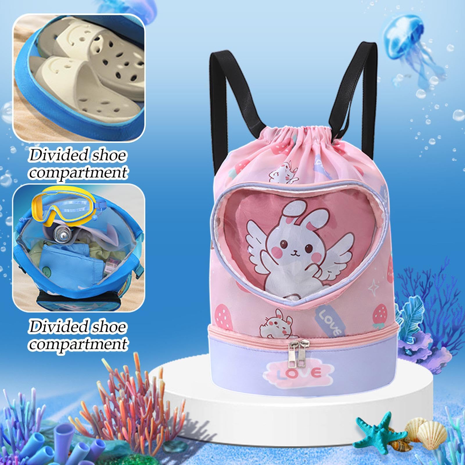 Genérico Kids Pool Bag Waterproof Cartoon Swim Backpack 14.17x11.81 Inches Lightweight Drawstring Dry Wet Separation Quick-Dry Multicolor